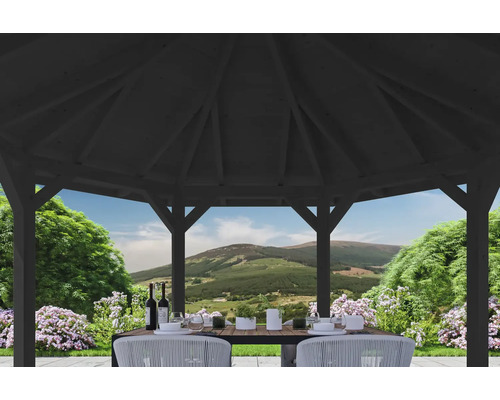 Záhradná scéna s altánkom, stolom a stoličkami