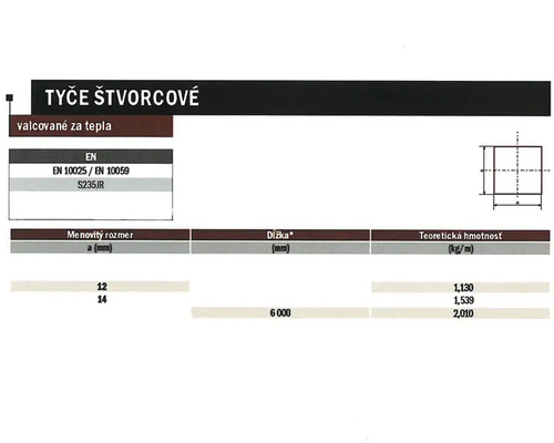 Informácie o štvorcových tyčiach: valcované za tepla, EN 10025, EN 10059, S235JR, menovitá veľkosť, dĺžka a teoretická hmotnosť.