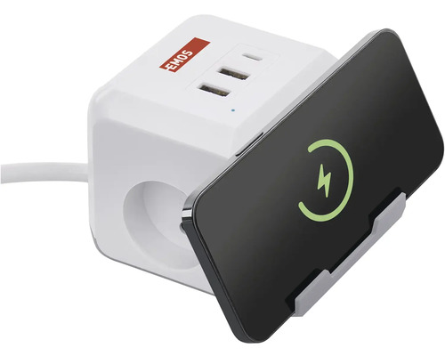 Zásuvková kocka s USB portami a držiakom smartfónu