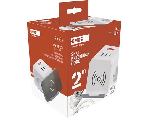 Predlžovací kábel Emos s dvomi zásuvkami, USB portami a funkciou bezdrôtového nabíjania v obale produktu