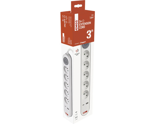 Logo Emos predlžovací kábel s piatimi zásuvkami a trojmetrovou dĺžkou kábla v obale produktu