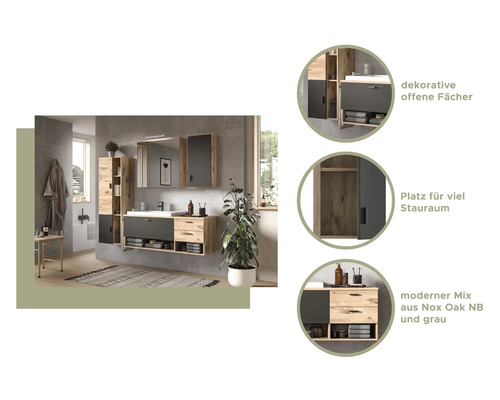 Kúpeľňa s umývadlovou skrinkou, zrkadlovou skrinkou a vysokou skrinkou v modernom dizajne.