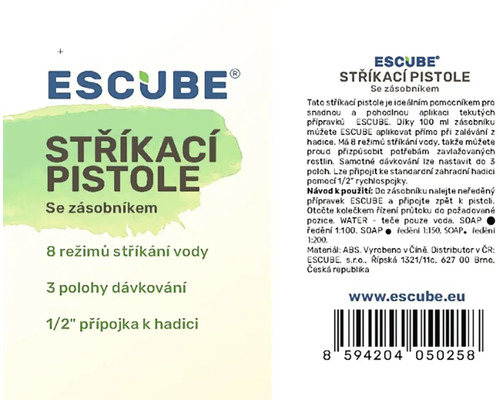 Striekacia pištoľ Escube so zásobníkom, osem režimov striekania vody, tri polohy dávkovania a 1/2 palcová prípojka na hadicu