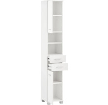 Biela kúpeľňová skrinka s otvorenými policami a zásuvkami na ukladanie kúpeľňových potrieb