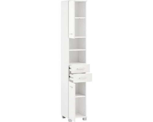 Biela kúpeľňová skrinka s otvorenými policami a zásuvkami na ukladanie kúpeľňových potrieb