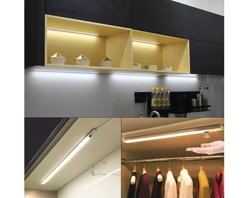 Kuchynská scéna s LED osvetlením pod skrinkami a v šatníku.