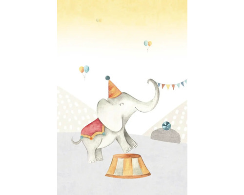 Ilustrácia cirkusového slona s klobúkom na podstavci