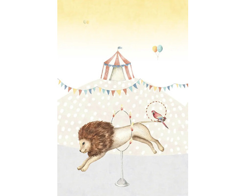 Ilustrácia cirkusovej scény so stanom, levom, papagájom a balónmi