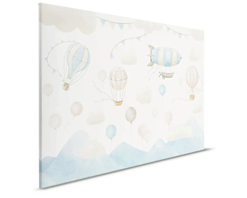 Potlač na plátno s balónmi, vzducholoďami, oblakmi a horami