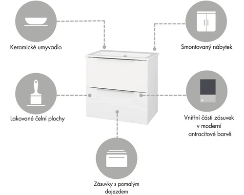 Skrinka pod umývadlo s keramickým umývadlom, lakovanými čelnými plochami, zásuvkami s pomalým dojazdom a zmontovaným nábytkom