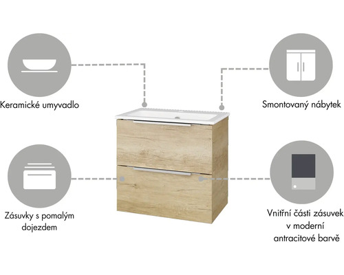 Skrinka pod umývadlo s keramickým umývadlom a zásuvkami