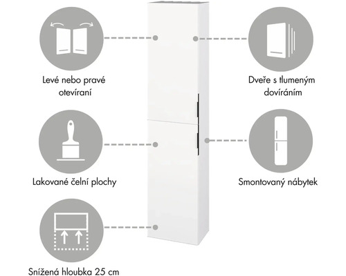 Kúpeľňová skrinka s voliteľnou montážou na ľavú alebo pravú stranu, tlmenými dvierkami, lakovanými povrchmi, malou hĺbkou a pripravenosťou na montáž.