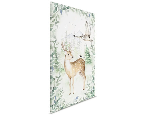 Dekoratívny nástenný obraz s motívom jeleňa, sovy a lesa