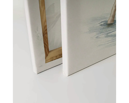 Detailný pohľad na dva obrazy na plátne s dreveným rámom