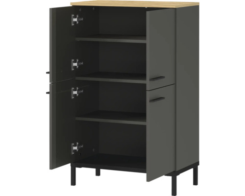 Sivá viacúčelová skriňa s dvomi dvierkami, úložnými priehradkami a nožičkami