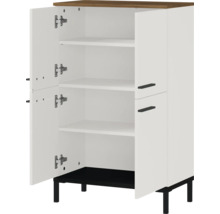 Biela viacúčelová skrinka s drevenou doskou a otvorenými dverami