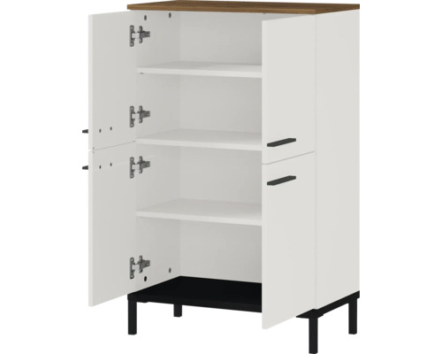 Biela viacúčelová skrinka s drevenou doskou a otvorenými dverami