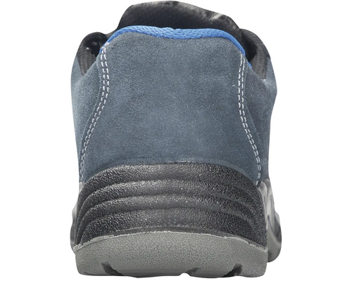 Pohľad zozadu na sivú bezpečnostnú obuv s čiernou podrážkou