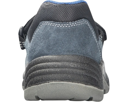 Pohľad zozadu na bezpečnostnú obuv so sivou podrážkou a čiernym zvrškom