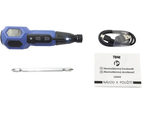 Sada akumulátorového skrutkovača s bitom, nabíjacím káblom a návodom na použitie