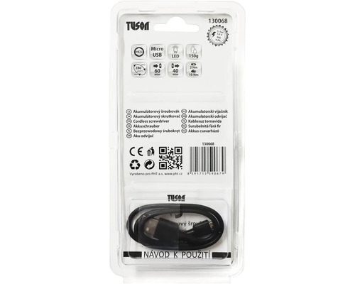 Balenie akumulátorového skrutkovača Tuson s nabíjacím káblom micro USB