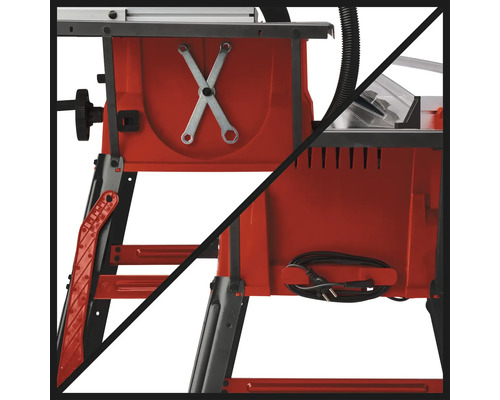 Červený podstavec stolovej píly s úložným priestorom na náradie a držiakom napájacieho kábla.