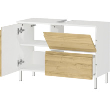 Skrinka pod umývadlo s otvorenými dvierkami a dvoma zásuvkami