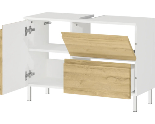 Skrinka pod umývadlo s otvorenými dvierkami a dvoma zásuvkami