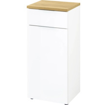 Biela kúpeľňová skrinka so zásuvkou a drevenou doskou