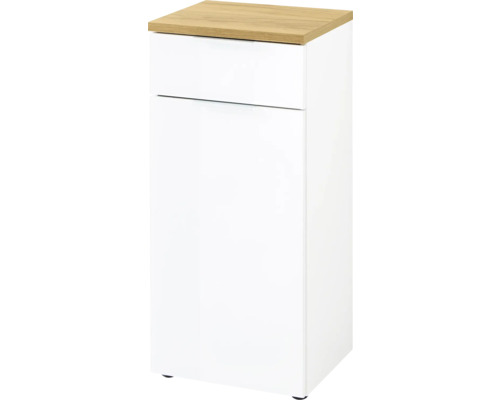 Biela kúpeľňová skrinka so zásuvkou a drevenou doskou