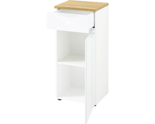 Biela kúpeľňová skrinka so zásuvkou a dvierkami