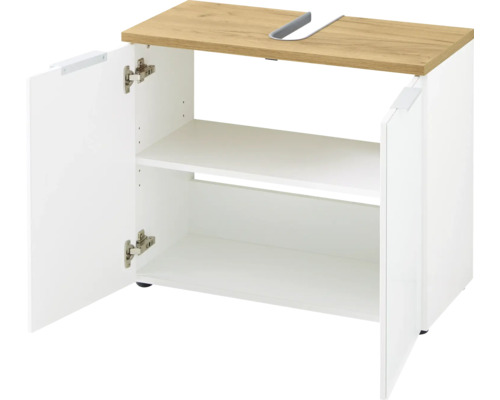 Skrinka pod umývadlo s dvomi otvorenými dvierkami a dvomi policami