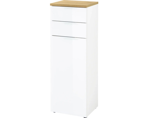 Biela kúpeľňová skrinka s dvoma zásuvkami a jednými dverami