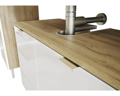 Skrinka pod umývadlo s drevenou doskou a batériou