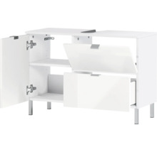 Skrinka pod umývadlo s otvorenými dvierkami a dvoma klapkami