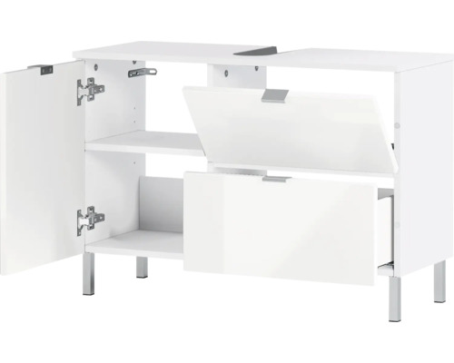 Skrinka pod umývadlo s otvorenými dvierkami a dvoma klapkami