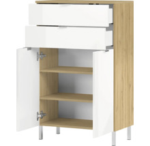 Skrinka s dvomi zásuvkami, dvomi dvierkami a tromi policami