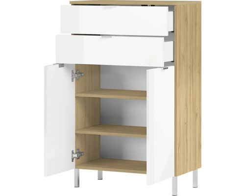 Skrinka s dvomi zásuvkami, dvomi dvierkami a tromi policami