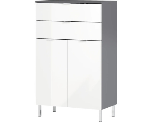 Komoda s vysokým leskom so zásuvkami a dvierkami skriniek na nožičkách