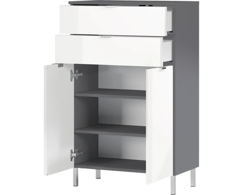 Spodná skrinka s dvomi zásuvkami, dvomi dvierkami a tromi policami