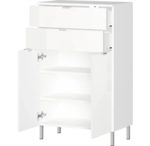 Biela kúpeľňová skrinka s dvomi zásuvkami, dvomi dvierkami a policami