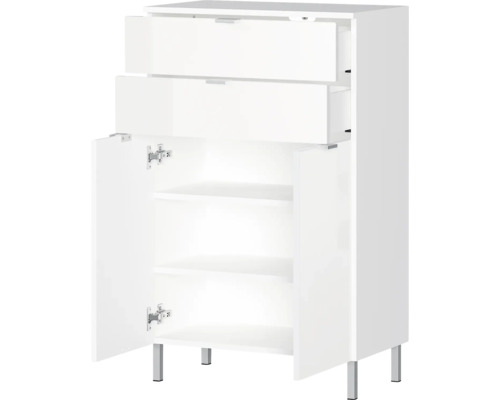 Biela kúpeľňová skrinka s dvomi zásuvkami, dvomi dvierkami a policami