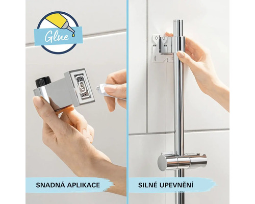 Montáž sprchovej tyče s lepidlom pre jednoduché a silné upevnenie.