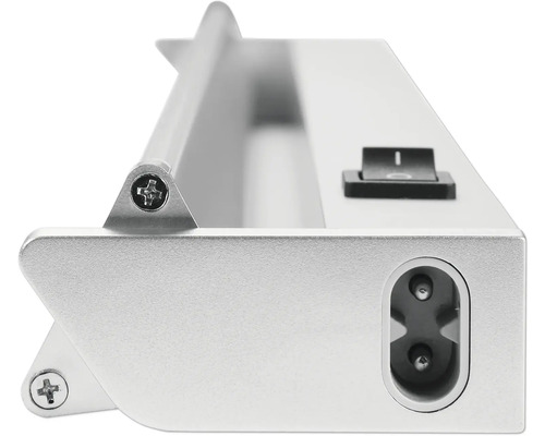 Detailný pohľad na strieborné podlinkové svietidlo s vypínačom a napájacím konektorom