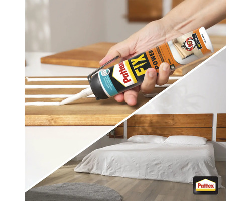 Aplikácia montážneho lepidla Pattex na drevo, pod ním spálňa s dreveným čelom postele