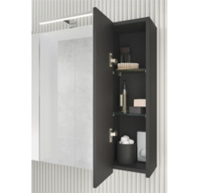 Kúpeľňová scéna so zrkadlovou skrinkou s otvorenými dverami, vybavená sklenenými policami a rôznymi kúpeľňovými potrebami.