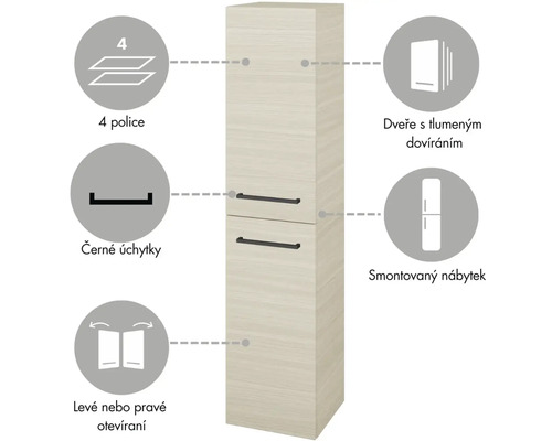Vysoká skrinka so štyrmi policami a čiernymi úchytkami