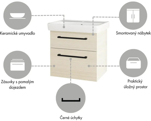 Skrinka pod umývadlo s dvomi zásuvkami, keramickým umývadlom a čiernymi úchytkami
