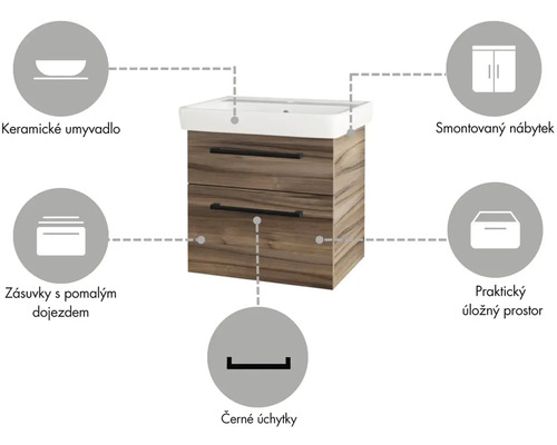 Skrinka pod umývadlo s keramickým umývadlom, zásuvkami a čiernymi úchytkami
