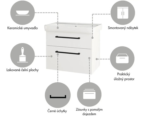 Skrinka pod umývadlo s keramickým umývadlom, lakovanými čelami, čiernymi úchytkami, zásuvkami s pomalým dojazdom a úložným priestorom